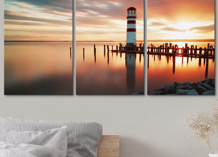 wall26 - 3 Piece Canvas Wall Art - Landscape Ocean Sunset - Lighthouse - Modern Home Art Stretched and Framed Ready to Hang - 24"x36"x3 Panels