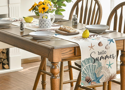 Artoid Mode Conch Starfish Hello Summer Table Runner, Sea Shell Seasonal Kitchen Dining Table Decoration for Home Party Decor 13x60 Inch