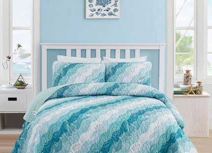 Dinjoy Coastal Quilts King Size, Blue Green Ocean Beach Themed Bedding Set