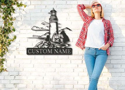 Personalized Lighthouse Metal Wall Art - Custom Nautical Name Sign, Outdoor Beach House Decor, Coastal Wall Decor Gift for Beach Lovers (Lighthouse A)