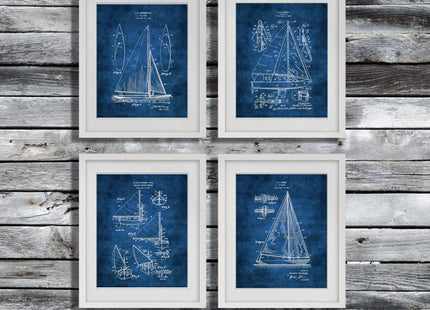 GnosisCollageArt Sailing Decor Gift Sailboat Blueprint Wall Art Set of 4 Unframed Prints