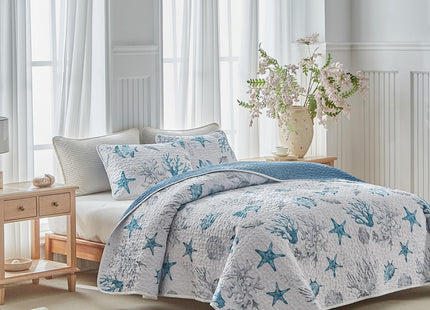 3 Piece Coastal Quilt Sets King Size - Reversible Microfiber Ocean Style Quilts with 2 Shams Soft Lightweight Beach Bedding Nautical Bedspread Coverlet Summer Comforter for All Season