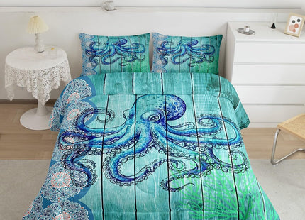 Erosebridal Octopus Print Comforter Twin Ocean Themed Bedding Set Boho Mandala Duvet Set Blue Coral Quilt Set 2pcs Sea Wildlife Down Alternative Comforter with 1 Pillowcase Blue Bedroom Comforter Set