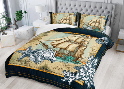 Nttopship Sailboat Bedding Comforter Set for Kids Teens and Adults Nautical Themed Printed Quilt Set for Bedroom 100% Soft Microfiber All Season Print Quilt Set with 1 Comforter and 2 Pillow Case