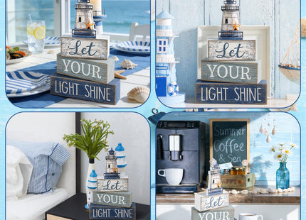 Lineshading 4 Pcs Beach Coastal Table Decor Wooden Lighthouse Decoration with Starfish Summer Tiered Tray Decor Blue and White Ocean Centerpieces Rustic Beach House Nautical Decorations for Home Shelf