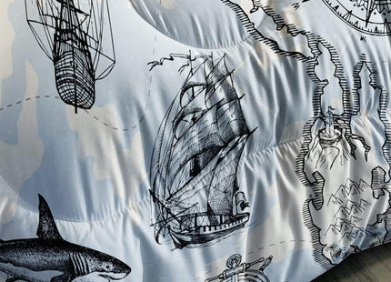 Retro Ocean World Map Comforter Set Queen, Pirate Ship Anchor Compass