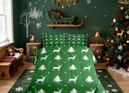 Manfei Christmas Deer Girls Bedding Set Twin Size, Snowflake Pine Tree Comforter Set，Rustic Farmhouse Xmas Quilt Comforter for Boys Teens,Green White Room Decor All Season,1 Pillowcase