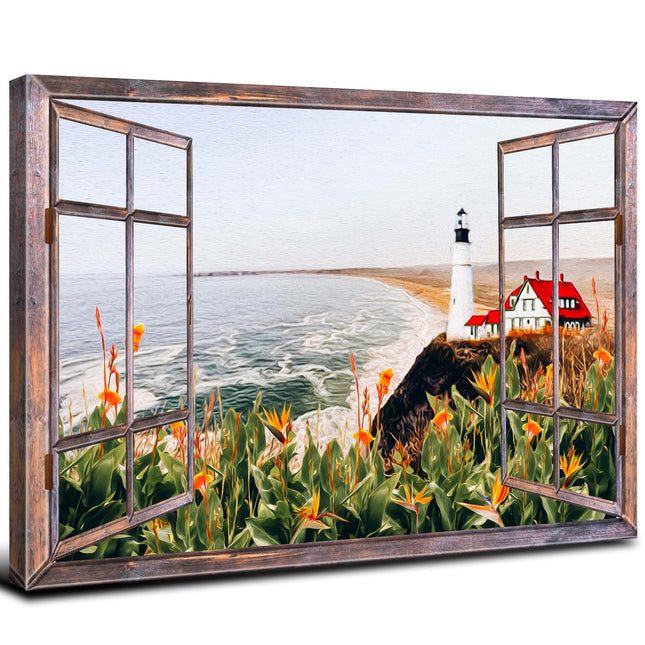 Beach Canvas Wall Art Open Window Frame Style Wall Decor Lighthouse Picture Coastal Flowers Landscape Prints Poster Ocean Seascape Painting Artwork for Living Room Bedroom Home Decoration 16x24"