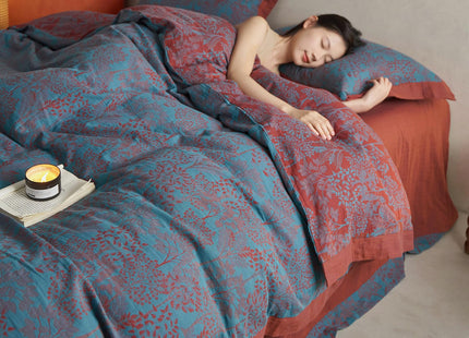 VM VOUGEMARKET Blue Red Duvet Cover Queen,3 Pieces Retro Jacquard Forest Theme Tree Leaves Bedding Set,Linen Cotton Yarn-Dyed Textured Duvet Cover with Zipper Closure