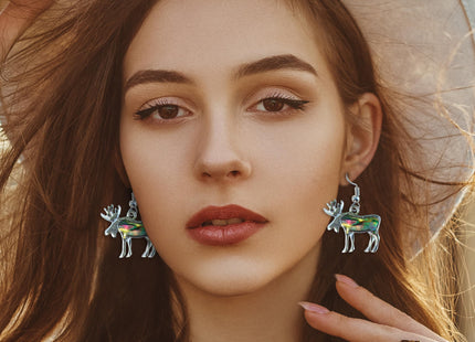 Puzzled Multi-Color Moose Earrings - Cute Wildlife Animal Moose Earrings Made with Natural New Zealand Paua Abalone Shell, Moose Jewelry For Women and Teens for Daily, Casual, and Formal Occasions