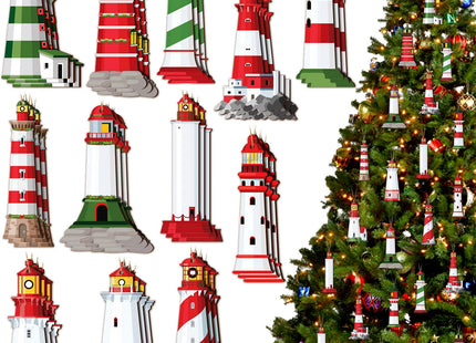 Kathfly 36 Pcs Christmas Lighthouse Wooden Ornaments for Christmas Trees Miniature Lighthouse Xmas Hanging Decorations Farmhouse Decorative Ornaments Bulk for Xmas Holiday Party Gift Supplies