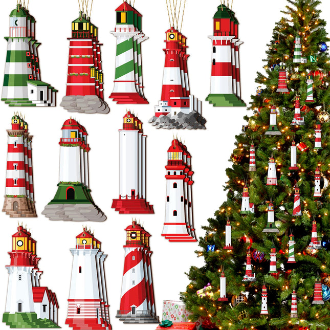Kathfly 36 Pcs Christmas Lighthouse Wooden Ornaments for Christmas Trees Miniature Lighthouse Xmas Hanging Decorations Farmhouse Decorative Ornaments Bulk for Xmas Holiday Party Gift Supplies