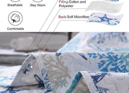 Queen Size Coastal Quilt Bedspread - Lightweight Summer Bedding with Starfish, Shell, Seahorse Design - Reversible, Home Ocean Quilt Collection