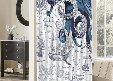 Mocsicka Nautical Octopus Shower Curtain Nautical Sailboat Octopus Bathroom Shower Curtain Nautical Coastal Waterproof Fabric Shower Curtain Bathtub Decor with 12 Hooks 72 X 72 Inch
