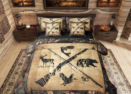 Erosebridal Hunting and Fishing Comforter Set Full 7 Piece Tree Camo Bedding Set with Sheets for Kids Adults Woodland Wildlife Bass Fish Duck Bear Deer Bed in A Bag Rustic Farmhouse Cabin Bed Set