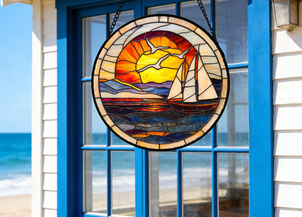 Ocean Sailboat At Sunset Stained Glass Window Hanging Suncatcher Gifts 7.8"