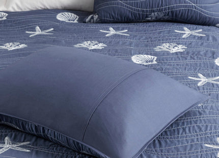 Harbor House Seaside Reversible Cotton Quilt Set Coastal Clam, Starfish, Coral Embroidery, All Season, Pre-Washed Coverlet Bedding Layer, Decorative Pillow, Full/Queen(90"x90") Navy 4 Piece