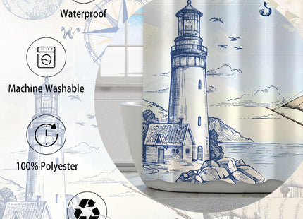 4Pcs Nautical Lighthouse Shower Curtain Sets, Sailboat Coastal Compass Anchor Bathroom Decor with Non-Slip Rugs, Toilet Lid Cover and Bath Mat, Waterproof Shower Curtains with 12 Hooks, 72 x 72 Inch