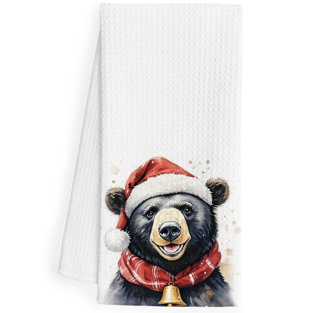 QEJ Christmas Black Bear Kitchen Dish Towels, Gifts for Bear Lovers, Funny Xmas Wild Animal Decorative Hand Tea Towels for Bathroom, Christmas Kitchen Bathroom Decor, 16x24 Inch