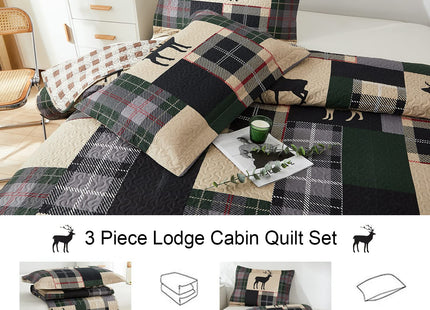 Ycosy 3pcs Breathable Lightweight Christmas Plaid Lodge Quilt Set Full/Queen Size Including Quilt, 2 Pillow Shams, Green, Polyester, Bedspread Set or Bedding Set