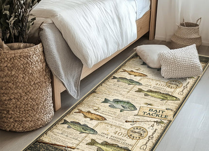 Fishing Hallway Runner Rug 2x6 Rustic Cabin Long Runners for Bedroom Kitchen Hall Laundry, Washable Low Pile Non-Slip Rubber Backing, Vintage Style Carpet Black