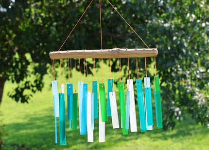 Ocean Blue Sea Glass Driftwood Wind Chime, Handcrafted Coastal, 15 Inch