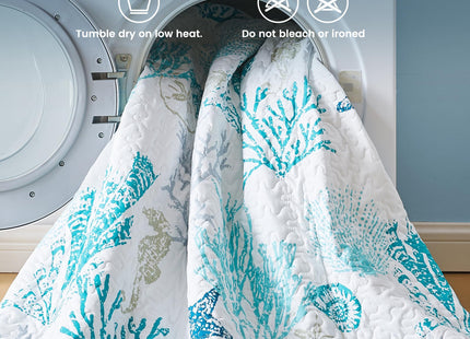Qucover Coastal Quilt King Size 98"x106", Ocean Beach Themed Bedding with Seashell Coral Pattern, Soft Lightweight Reversible Microfiber Bedspread, Nautical Coverlet for Summer, Teal Green