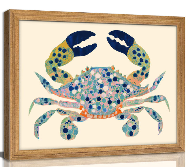UAWRL Solid Wood Framed Watercolor Blue Coastal Crab Canvas Wall Art