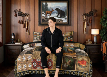 Erosebridal Hunting Bear Deer 7 Pcs Bedding Set Twin, Rustic Farmhouse Comforter Set with Sheets, Retro Cabin Lodge Buffalo Plaid Bed in A Bag for Boys Adults Men, Tribal Brown Patchwork Bed Sets