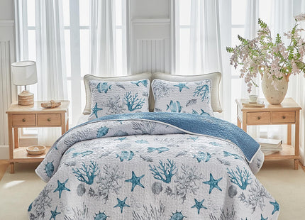 3 Piece Coastal Quilt Sets King Size - Reversible Microfiber Ocean Style Quilts with 2 Shams Soft Lightweight Beach Bedding Nautical Bedspread Coverlet Summer Comforter for All Season