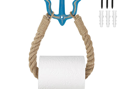 Beach Nautical Toilet Paper Roll Holder Coastal Wall-Mounted Rope Towel Holder with Metal Hook for Bathroom Decor Accessories, Natural Rustic Jute Rope with Anchor Pirate Seaside Themed (Blue)