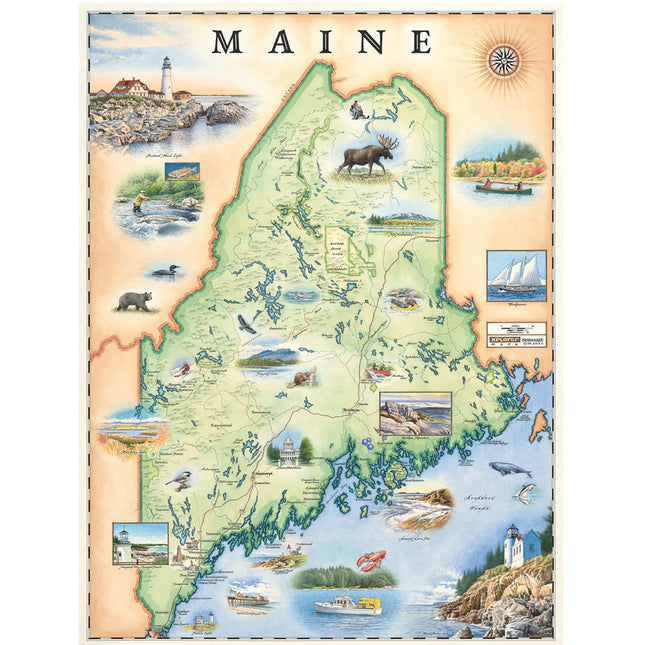 Xplorer Maps Maine Hand-Drawn Map – 24x18 Vintage-Style Lithographic Print – Made in USA