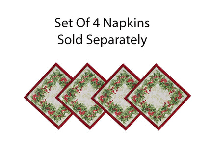 Newbridge Christmas Holly Ribbon Traditions Bordered Set of 4 Fabric Placemats, Boughs of Holly and Berry Ribbon Garland Dining Placemats for Holiday Party