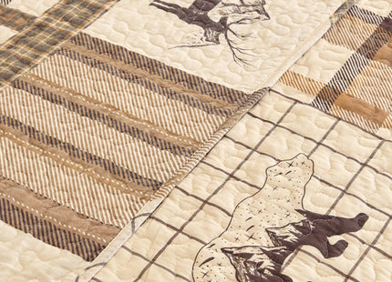 100% Cotton Rustic Cabin Bear Moose Quilt Set, Neutral Brown, Queen 90"x98"