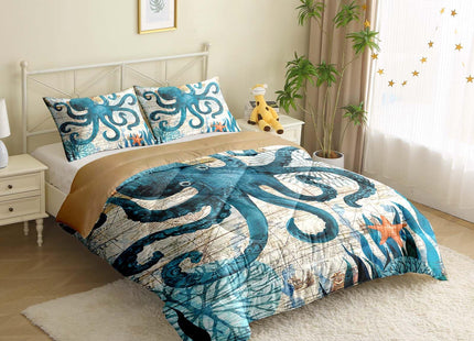 MUSOLEI Ocean Comforter Set Queen Size Four Seasons Quilt Kids Octopus Bedding Collections Soft for Teen Boys Turquoise Ocean Themed Mediterranean Style Printed Quilt Set Kids Gift