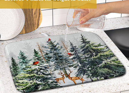 Pine Tree Dish Drying Mat for Kitchen Counter 16x18 Inch Forest Deer Absorbent Dishes Drainer Mats Reversible Microfiber Quick Dry Rack Pad