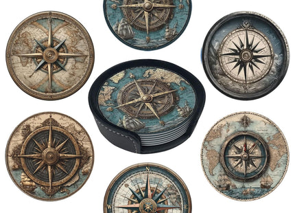 sunwarshile Nautical Compass Coasters for Drinks with Holder Round Leather Coasters Set of 6 Cups Mugs Mat Pad for Home Kitchen Bar