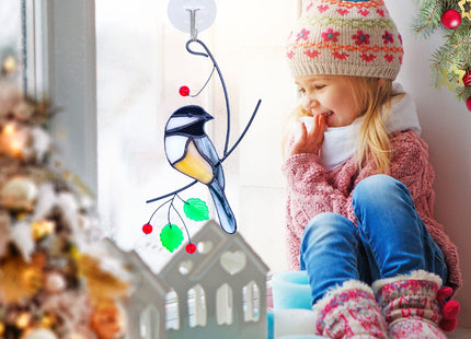 Lolitarcrafts Chickadee Stained Glass Suncatcher Bird Stained Glass Window Hangings for Window Decoration