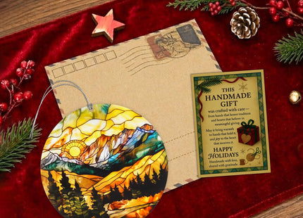 Mountain Landscape Christmas Ornament, Rustic Cabin Decor with Forest Pine Trees Lake Scenery, Tiffany Stained Glass Inspired Outdoor Adventure Hanging Decoration, Nature Lover Gift for Christmas Tree