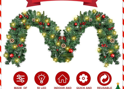 Beinhome 9 Ft Pre-Lit Christmas Garland, Artificial Christmas Door Garland with Lights Timer, Pine Cone Garand Decorations for Home Stairs Table Fireplace Xmas Festival Decor