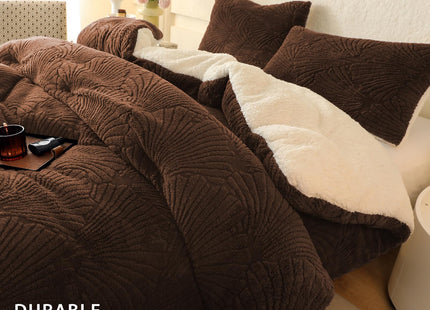 tohrisa Seashell Jacquard Sherpa Comforter Set Warm Cozy Premium Bedding 3 Pieces, Full/Queen Size Geometric Pattern Quilt Comforter with 2 Pillowcases(90"X90" Coffee)