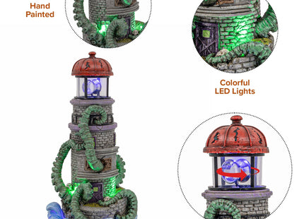 FG Square Lighthouse Attack Kraken Theme Spooky Halloween Village Multi-Color LED Lights, Animated Rotating Food Light and Music 6" x 5.5" x 12"