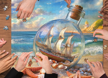 Beach Puzzles for Adults 1000 Pieces, Seashells Jar Sailboat Art Jigsaw Puzzles, Summer Ocean Starfish Puzzle as Home Wall Art