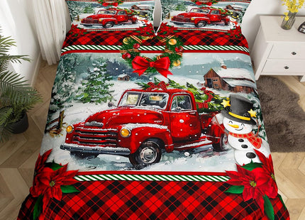Homewish Christmas Truck Duvet Cover Set Twin Size Kids Girls Boys Red Plaid Decor Pine Tree Bedding Set 2pcs Winter Snow Comforter Cover Happy New Year Quilt Cover,1 Pillowcase (No Comforter)