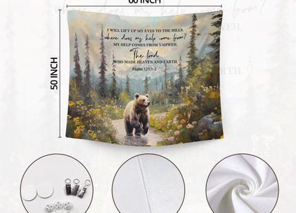 WAITPI Christian Woodland Mountain Hanging Wall Tapestry for Bedroom, Farmhouse Bear Forest Psalm 121:1-2 Bible Verse Scripture Wall Hanging Decor Tapestry for Home Living Room, 50x60in