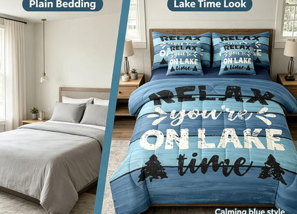 Feelyou Kids Lake House Comforter Set with Sheets, Pillowcases & Cushion Cover - Twin Size Fishing Camping House 7 Piece Farmhouse Bedding Set
