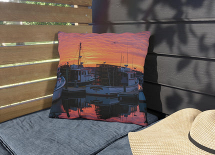 Lobster Boats in Maine Harbor Outdoor Pillow - Double-Sided with Vibrant Colors