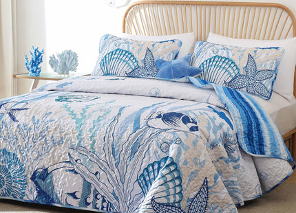 DJY Ocean Coastal Quilt King Size, 3 Pcs Beach Theme Bedspread Coverlet Set