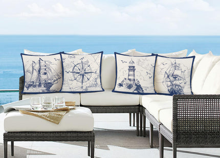 Bonhause Nautical Sailing Throw Pillow Covers 18 x 18 Inch Set of 4 Sailboat Compass Lighthouse Decorative Pillows Case Polyester Linen Cushion Covers for Couch Sofa Bed Home Decor