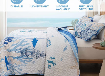 DJY Ocean Coastal Quilt King Size, 3 Pcs Beach Theme Bedspread Coverlet Set